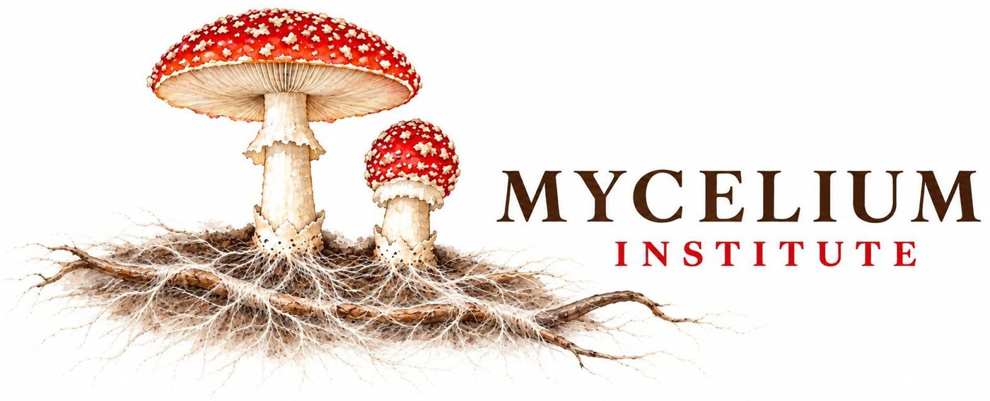 Mycelium Institute – dos amanitas con micelio